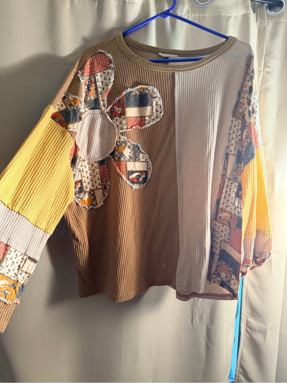 easel Patchwork Floral Appliqué Waffle-Knit Pullover - Brown, Yellow & Cream